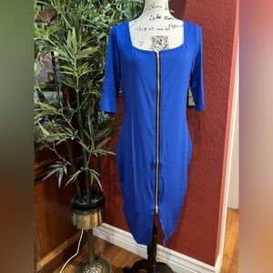 Women's Square Neck Half Sleeves Bodycon Dress Full Front Zip Split Midi Dress L